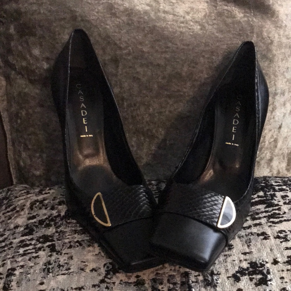 Casadei Black Leather Pumps with Gold Buckle